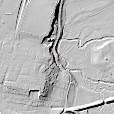 Shaded relief map of the ground around DY139DP, computed from Environment Agency LiDAR. The ground here sits at about 28 m above sea level and falls 24 m across the surrounding 800 m. Surface water reaching this point runs off ground lying to the north, 22.8 m higher.