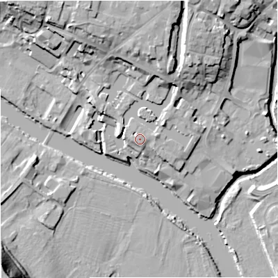 Shaded relief map of the ground around DY139EN, computed from Environment Agency LiDAR. The ground here sits at about 25 m above sea level and falls 25 m across the surrounding 800 m. Surface water reaching this point runs off ground lying to the south, 0.6 m higher.