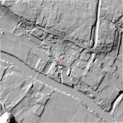 Shaded relief map of the ground around DY139EP, computed from Environment Agency LiDAR. The ground here sits at about 24 m above sea level and falls 25 m across the surrounding 800 m. Surface water reaching this point runs off ground lying to the south-east, 1.1 m higher.