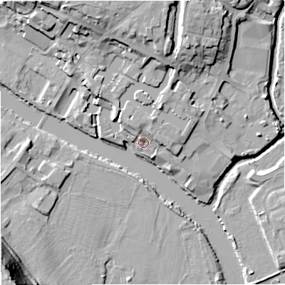 Shaded relief map of the ground around DY139EW, computed from Environment Agency LiDAR. The ground here sits at about 22 m above sea level and falls 26 m across the surrounding 800 m. Surface water reaching this point runs off ground lying to the north-north-east, 4.9 m higher.