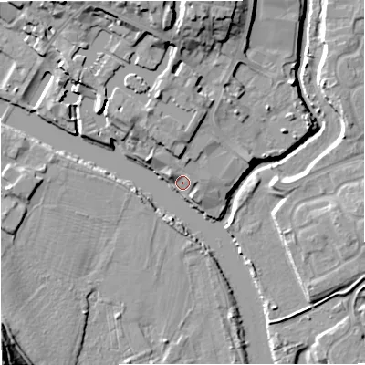 Shaded relief map of the ground around DY139EX, computed from Environment Agency LiDAR. The ground here sits at about 20 m above sea level and falls 26 m across the surrounding 800 m. Surface water reaching this point runs off ground lying to the north-north-west, 6.6 m higher.
