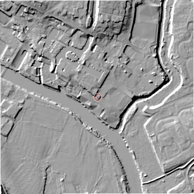 Shaded relief map of the ground around DY139EY, computed from Environment Agency LiDAR. The ground here sits at about 22 m above sea level and falls 16 m across the surrounding 800 m. Surface water reaching this point runs off ground lying to the north-west, 3.2 m higher.