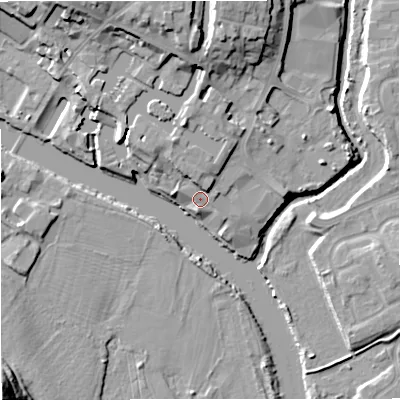 Shaded relief map of the ground around DY139EZ, computed from Environment Agency LiDAR. The ground here sits at about 22 m above sea level and falls 25 m across the surrounding 800 m. Surface water reaching this point runs off ground lying to the north, 3.0 m higher.