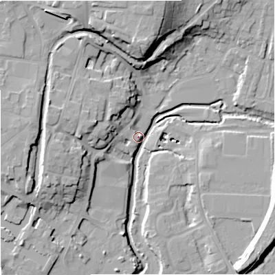 Shaded relief map of the ground around DY139FA, computed from Environment Agency LiDAR. The ground here sits at about 22 m above sea level and falls 24 m across the surrounding 800 m. Surface water reaching this point runs off ground lying to the north, 21.5 m higher.