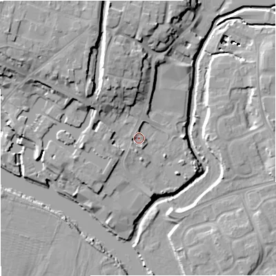 Shaded relief map of the ground around DY139FB, computed from Environment Agency LiDAR. The ground here sits at about 22 m above sea level and falls 19 m across the surrounding 800 m. Surface water reaching this point runs off ground lying to the north-north-west, 10.2 m higher.