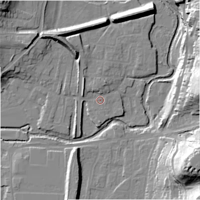 Shaded relief map of the ground around DY139GA, computed from Environment Agency LiDAR. The ground here sits at about 22 m above sea level and falls 39 m across the surrounding 800 m. Surface water reaching this point runs off ground lying to the north-north-west, 2.8 m higher.