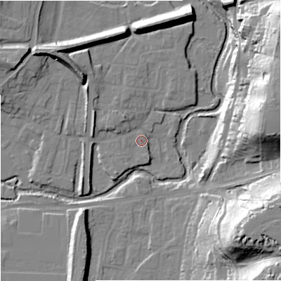 Shaded relief map of the ground around DY139GB, computed from Environment Agency LiDAR. The ground here sits at about 22 m above sea level and falls 39 m across the surrounding 800 m. Surface water reaching this point runs off ground lying to the north-west, 4.5 m higher.