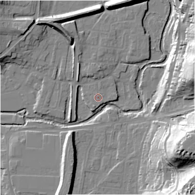 Shaded relief map of the ground around DY139GD, computed from Environment Agency LiDAR. The ground here sits at about 22 m above sea level and falls 39 m across the surrounding 800 m. Surface water reaching this point runs off ground lying to the north-north-east, 0.6 m higher.