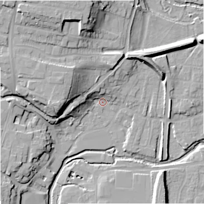 Shaded relief map of the ground around DY139GX, computed from Environment Agency LiDAR. The ground here sits at about 21 m above sea level and falls 27 m across the surrounding 800 m. Surface water reaching this point runs off ground lying to the west, 18.3 m higher.
