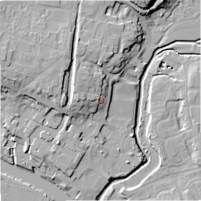 Shaded relief map of the ground around DY139HB, computed from Environment Agency LiDAR. The ground here sits at about 27 m above sea level and falls 23 m across the surrounding 800 m. Surface water reaching this point runs off ground lying to the north-west, 5.4 m higher.