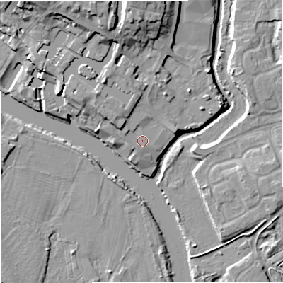 Shaded relief map of the ground around DY139HT, computed from Environment Agency LiDAR. The ground here sits at about 21 m above sea level and falls 15 m across the surrounding 800 m. Surface water reaching this point runs off ground lying to the north-west, 3.9 m higher.
