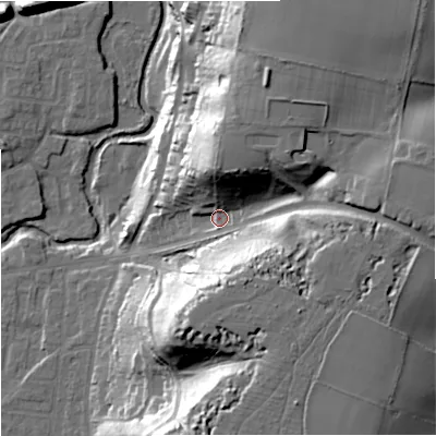Shaded relief map of the ground around DY139JA, computed from Environment Agency LiDAR. The ground here sits at about 36 m above sea level and falls 40 m across the surrounding 800 m. Surface water reaching this point runs off ground lying to the north-north-east, 24.0 m higher.