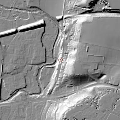 Shaded relief map of the ground around DY139LS, computed from Environment Agency LiDAR. The ground here sits at about 29 m above sea level and falls 40 m across the surrounding 800 m. Surface water reaching this point runs off ground lying to the east-north-east, 39.1 m higher.