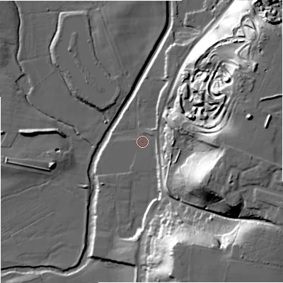 Shaded relief map of the ground around DY139LW, computed from Environment Agency LiDAR. The ground here sits at about 26 m above sea level and falls 41 m across the surrounding 800 m. Surface water reaching this point runs off ground lying to the east-south-east, 32.7 m higher.