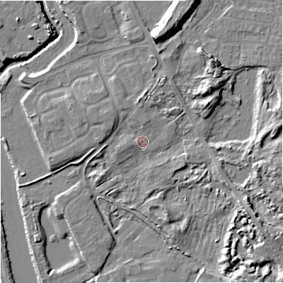 Shaded relief map of the ground around DY139PB, computed from Environment Agency LiDAR. The ground here sits at about 22 m above sea level and falls 15 m across the surrounding 800 m. Surface water reaching this point runs off ground lying to the north-north-east, 3.2 m higher.