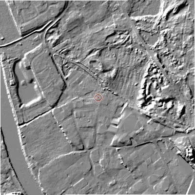 Shaded relief map of the ground around DY139PE, computed from Environment Agency LiDAR. The ground here sits at about 21 m above sea level and falls 22 m across the surrounding 800 m. Surface water reaching this point runs off ground lying to the east, 7.7 m higher.