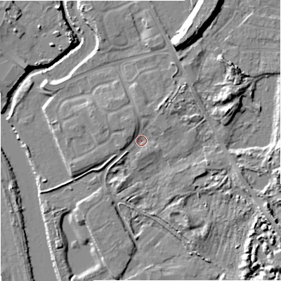 Shaded relief map of the ground around DY139PF, computed from Environment Agency LiDAR. The ground here sits at about 21 m above sea level and falls 15 m across the surrounding 800 m. Surface water reaching this point runs off ground lying to the north-west, 2.4 m higher.
