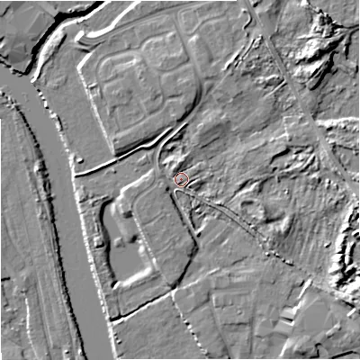 Shaded relief map of the ground around DY139PG, computed from Environment Agency LiDAR. The ground here sits at about 21 m above sea level and falls 11 m across the surrounding 800 m. Surface water reaching this point runs off ground lying to the north-east, 8.5 m higher.