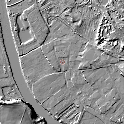 Shaded relief map of the ground around DY139PH, computed from Environment Agency LiDAR. The ground here sits at about 20 m above sea level and falls 26 m across the surrounding 800 m. Surface water reaching this point runs off ground lying to the north-east, 1.2 m higher.