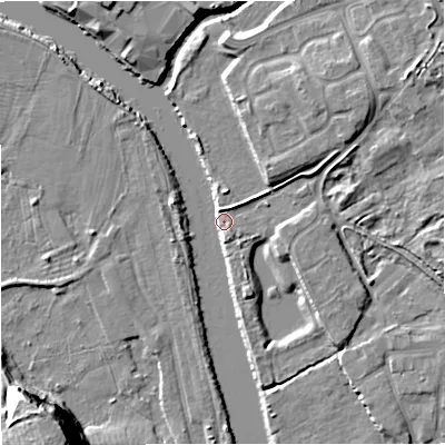 Shaded relief map of the ground around DY139PJ, computed from Environment Agency LiDAR. The ground here sits at about 19 m above sea level and falls 24 m across the surrounding 800 m. Surface water reaching this point runs off ground lying to the east-north-east, 4.9 m higher.
