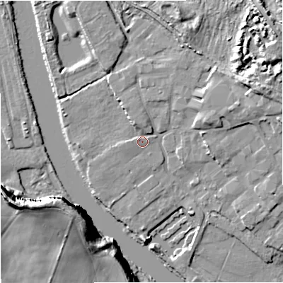 Shaded relief map of the ground around DY139PN, computed from Environment Agency LiDAR. The ground here sits at about 19 m above sea level and falls 26 m across the surrounding 800 m. Surface water reaching this point runs off ground lying to the west-north-west, 0.9 m higher.