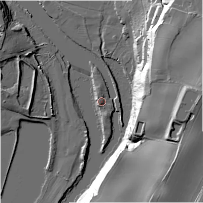 Shaded relief map of the ground around DY139PP, computed from Environment Agency LiDAR. The ground here sits at about 21 m above sea level and falls 45 m across the surrounding 800 m. Surface water reaching this point runs off ground lying to the north-west, 2.5 m higher.