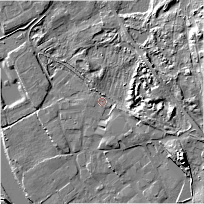 Shaded relief map of the ground around DY139PQ, computed from Environment Agency LiDAR. The ground here sits at about 21 m above sea level and falls 24 m across the surrounding 800 m. Surface water reaching this point runs off ground lying to the east, 7.7 m higher.