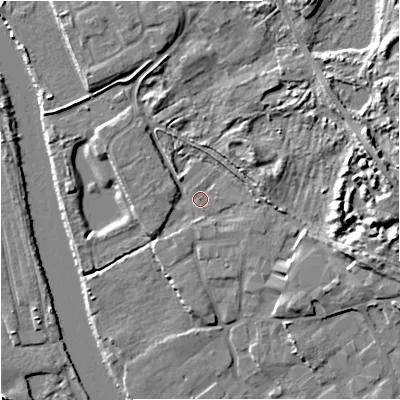 Shaded relief map of the ground around DY139PR, computed from Environment Agency LiDAR. The ground here sits at about 20 m above sea level and falls 16 m across the surrounding 800 m. Surface water reaching this point runs off ground lying to the east, 9.6 m higher.
