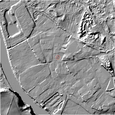 Shaded relief map of the ground around DY139PT, computed from Environment Agency LiDAR. The ground here sits at about 20 m above sea level and falls 26 m across the surrounding 800 m. Surface water reaching this point runs off ground lying to the east-north-east, 7.4 m higher.
