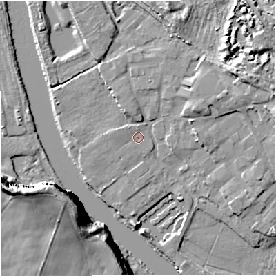 Shaded relief map of the ground around DY139PU, computed from Environment Agency LiDAR. The ground here sits at about 19 m above sea level and falls 26 m across the surrounding 800 m. Surface water reaching this point runs off ground lying to the north-west, 0.9 m higher.
