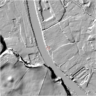 Shaded relief map of the ground around DY139PY, computed from Environment Agency LiDAR. The ground here sits at about 19 m above sea level and falls 26 m across the surrounding 800 m. Surface water reaching this point runs off ground lying to the east-north-east, 6.0 m higher.