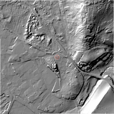 Shaded relief map of the ground around DY139PZ, computed from Environment Agency LiDAR. The ground here sits at about 26 m above sea level and falls 41 m across the surrounding 800 m. Surface water reaching this point runs off ground lying to the east-north-east, 2.4 m higher.