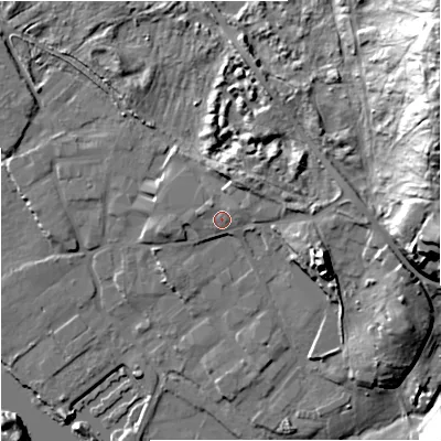 Shaded relief map of the ground around DY139QA, computed from Environment Agency LiDAR. The ground here sits at about 23 m above sea level and falls 39 m across the surrounding 800 m. Surface water reaching this point runs off ground lying to the north-north-east, 4.1 m higher.