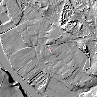 Shaded relief map of the ground around DY139QB, computed from Environment Agency LiDAR. The ground here sits at about 20 m above sea level and falls 24 m across the surrounding 800 m. Surface water reaching this point runs off ground lying to the north-east, 6.4 m higher.