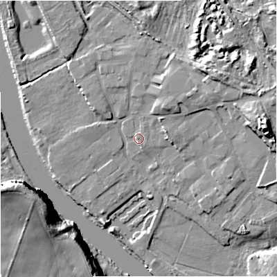 Shaded relief map of the ground around DY139QD, computed from Environment Agency LiDAR. The ground here sits at about 20 m above sea level and falls 26 m across the surrounding 800 m. Surface water reaching this point runs off ground lying to the east-north-east, 3.0 m higher.