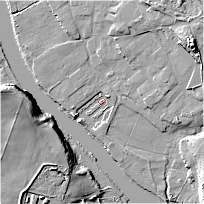 Shaded relief map of the ground around DY139QE, computed from Environment Agency LiDAR. The ground here sits at about 17 m above sea level and falls 27 m across the surrounding 800 m. Surface water reaching this point runs off ground lying to the south-west, 4.3 m higher.
