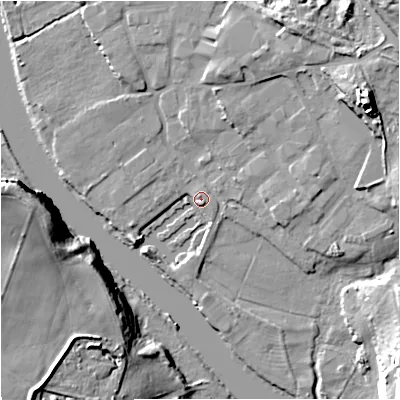 Shaded relief map of the ground around DY139QF, computed from Environment Agency LiDAR. The ground here sits at about 19 m above sea level and falls 26 m across the surrounding 800 m. Surface water reaching this point runs off ground lying to the east-north-east, 16.3 m higher.