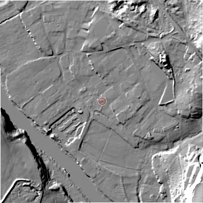 Shaded relief map of the ground around DY139QG, computed from Environment Agency LiDAR. The ground here sits at about 20 m above sea level and falls 35 m across the surrounding 800 m. Surface water reaching this point runs off ground lying to the north-east, 15.3 m higher.