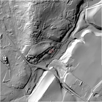 Shaded relief map of the ground around DY139QS, computed from Environment Agency LiDAR. The ground here sits at about 29 m above sea level and falls 40 m across the surrounding 800 m. Surface water reaching this point runs off ground lying to the west, 21.0 m higher.