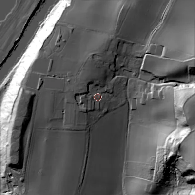 Shaded relief map of the ground around DY139RB, computed from Environment Agency LiDAR. The ground here sits at about 52 m above sea level and falls 74 m across the surrounding 800 m. Surface water reaching this point runs off ground lying to the north-west, 6.2 m higher.