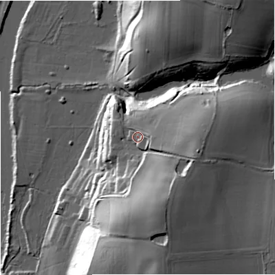Shaded relief map of the ground around DY139RG, computed from Environment Agency LiDAR. The ground here sits at about 35 m above sea level and falls 37 m across the surrounding 800 m. Surface water reaching this point runs off ground lying to the east, 5.4 m higher.