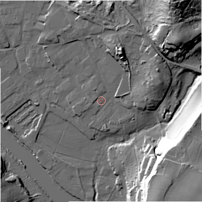 Shaded relief map of the ground around DY139RH, computed from Environment Agency LiDAR. The ground here sits at about 21 m above sea level and falls 37 m across the surrounding 800 m. Surface water reaching this point runs off ground lying to the north-north-east, 14.4 m higher.