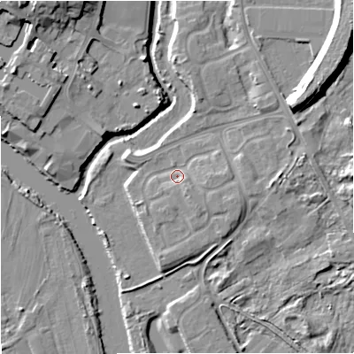 Shaded relief map of the ground around DY139RJ, computed from Environment Agency LiDAR. The ground here sits at about 22 m above sea level and falls 15 m across the surrounding 800 m. Surface water reaching this point runs off ground lying to the south-east, 2.6 m higher.