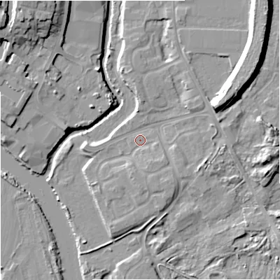 Shaded relief map of the ground around DY139RN, computed from Environment Agency LiDAR. The ground here sits at about 21 m above sea level and falls 15 m across the surrounding 800 m. Surface water reaching this point runs off ground lying to the east-north-east, 11.1 m higher.