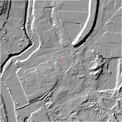 Shaded relief map of the ground around DY139RP, computed from Environment Agency LiDAR. The ground here sits at about 22 m above sea level and falls 15 m across the surrounding 800 m. Surface water reaching this point runs off ground lying to the north-east, 9.6 m higher.
