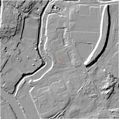Shaded relief map of the ground around DY139RX, computed from Environment Agency LiDAR. The ground here sits at about 23 m above sea level and falls 17 m across the surrounding 800 m. Surface water reaching this point runs off ground lying to the north-west, 1.0 m higher.