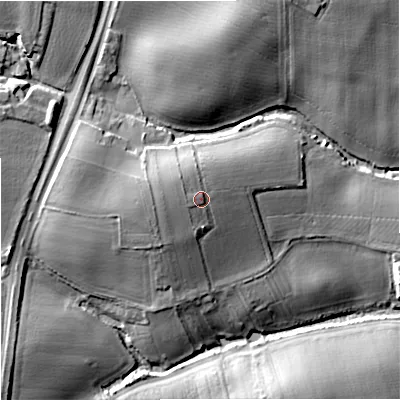 Shaded relief map of the ground around DY139SY, computed from Environment Agency LiDAR. The ground here sits at about 48 m above sea level and falls 20 m across the surrounding 800 m. Surface water reaching this point runs off ground lying to the north-west, 2.2 m higher.