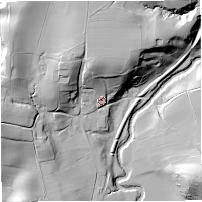 Shaded relief map of the ground around DY140AH, computed from Environment Agency LiDAR. The ground here sits at about 79 m above sea level and falls 46 m across the surrounding 800 m. Surface water reaching this point runs off ground lying to the north, 32.6 m higher.