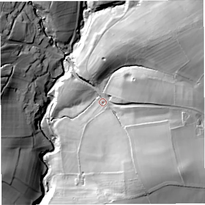 Shaded relief map of the ground around DY140HH, computed from Environment Agency LiDAR. The ground here sits at about 170 m above sea level and falls 77 m across the surrounding 800 m. Surface water reaching this point runs off ground lying to the south-east, 47.0 m higher.