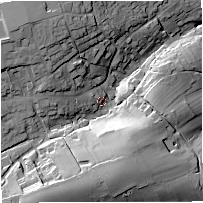 Shaded relief map of the ground around DY148BT, computed from Environment Agency LiDAR. The ground here sits at about 126 m above sea level and falls 49 m across the surrounding 800 m. Surface water reaching this point runs off ground lying to the south, 33.7 m higher.